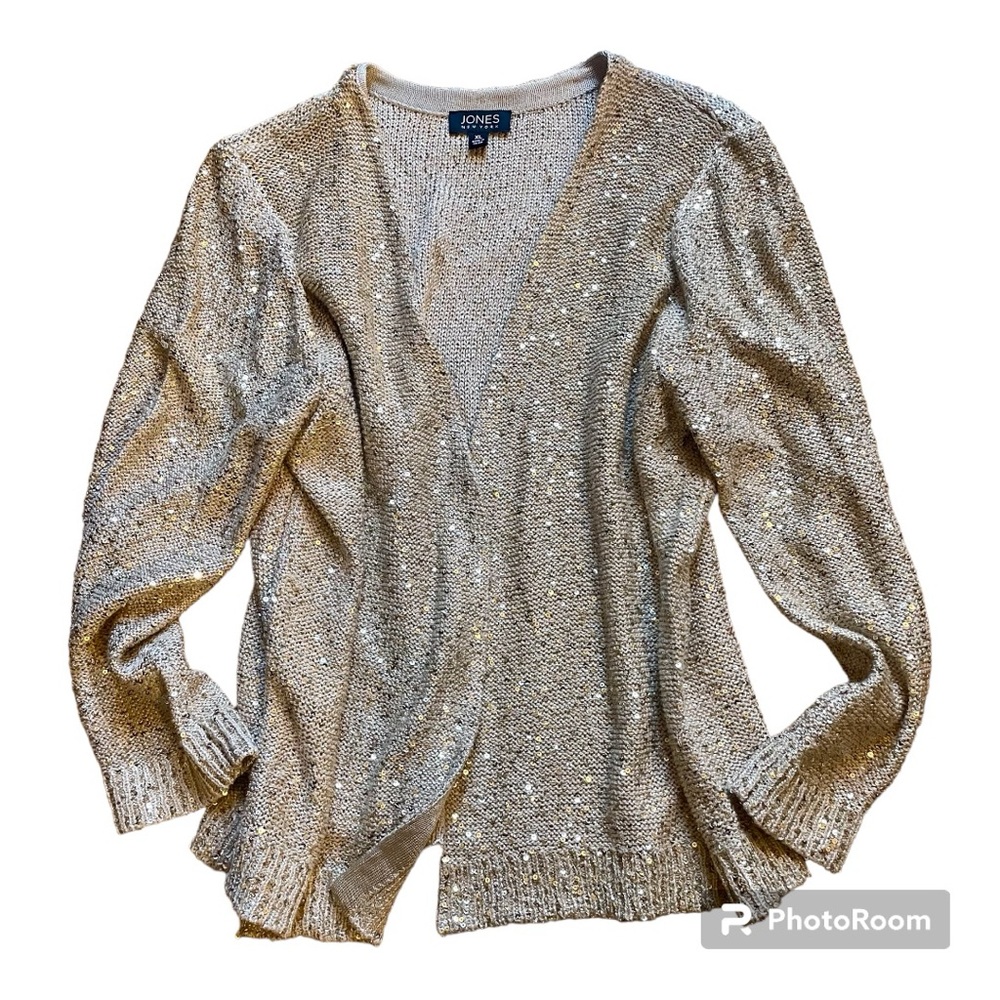 JONES NEW YORK - XL gold sweater w/ sequins - open front - beautiful knit - EUC!